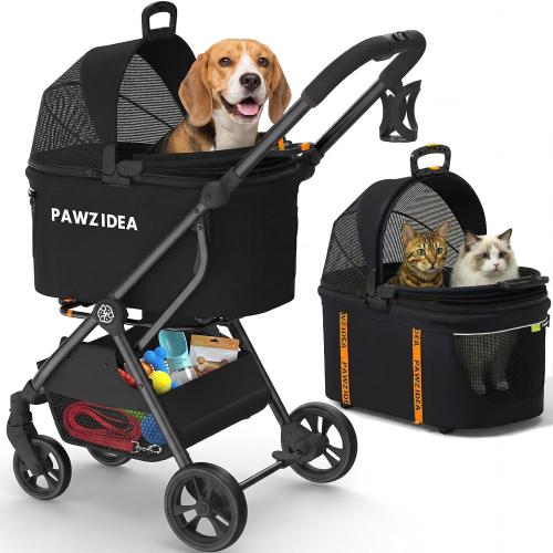 PAWZIDEA Pet Stroller 4-in-1, Foldable Dog Stroller with Detachable Carrier | Escape-Proof No-Zip Canopy, Portable Travel Crate & Car Seat Combo, for Small to Medium Dogs & Cats up 33 lbs, Storage Basket