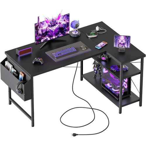 Mericonia Small L Shaped Computer Desk with Power Outlets, Reversible Gaming Desk with Storage Shelves, Corner Gamer Desk Table, Study Writing Table