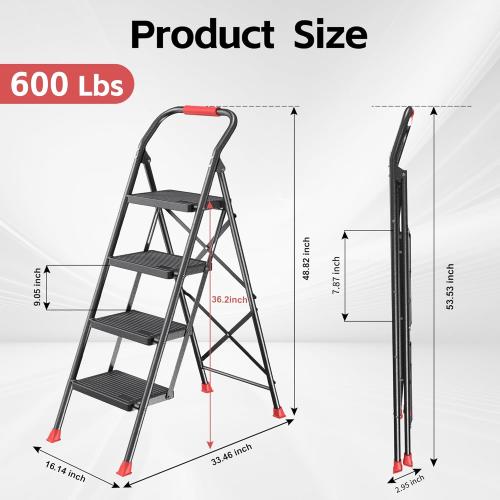 Step Ladder Foldable Folding Stool - for Home Adults Kitchen 4 Stepping Extension Tall Heavy Duty with Handrails - Closet Stepstool Stair Ladders Extendable Stepladder for Indoor House 600Lbs