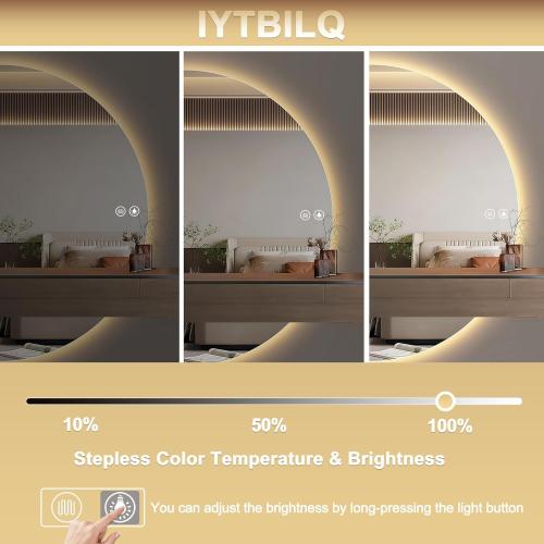 48× 24 Half Moon LED Mirror for Bathroom, Lighted LED Vanity Mirror with Backlit, Anti-Fog,Dimmable 3-Color Lights, Frameless Irregular Smart Mirror