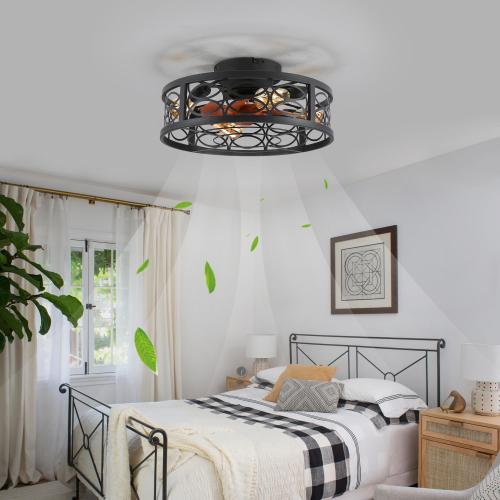20 Caged Ceiling Fan with Light and Remote，Bladeless Ceiling Fan 6 Speed Reversible with 4 Bulbs and Remote Control.Low Profile Ceiling Fans with Lights for Bedroom, Dining Room