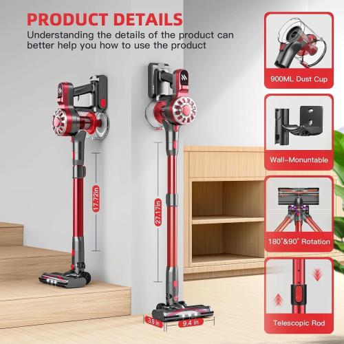 WLOTPO Vacuum Cleaners for Home,Cordless Vacuum Cleaner,Lightweight Stick Vacuum Cordless Rechargeable,Self-Standing Design,LED Touch Screen,Vacuum for Hardwood Floors,Carpet,Pet Hair(Dark Red)