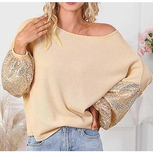 Size XL Glitter Off Shoulder V Neck Backless Pullover Tops,Women Sequin V Neck BacklessLong Sleeve Waffle Knit Sweater