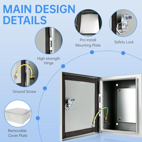 Color Grey Outdoor Electrical Box Waterproof, NEMA 4 Steel Enclosure Box with Mounting Plate, Wall Mounted Lockable Electrical Junction Box for Indoor/Outdoor (12x10x6)