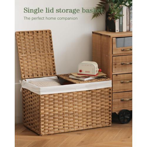 SETVSON Storage Basket with Lid Rattan Woven Storage Baskets with 2 Separate Lids, 17.2 Gallon (65 L), 22 x 13 x 13.8 Inches,Foldable, 2 Removable Liner Bags Handles for Bedroom, Laundry Room Natural