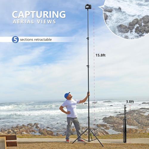 【16' Heavy Duty】 RAUBAY Extreme Tall Video Camera Sports Tripod Stand Air-Cushioned Telescoping Aluminium Alloy Light Stand with 1/4& 3/8 Screw Adapter, Professional Sky High Tripod - TT480 Black…