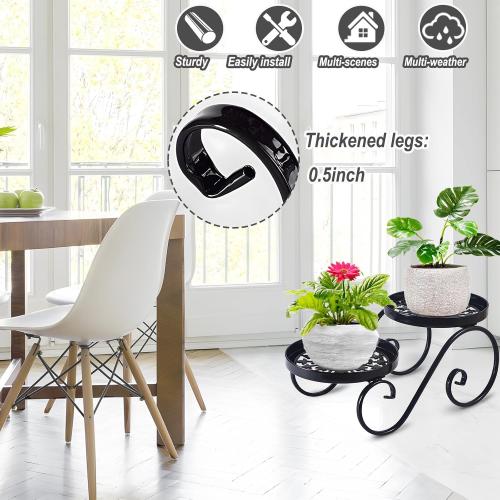 2 Tier Black Plant Stand, Metal Flower Stand Indoor Outdoor, Anti-Rust Iron Plant Shelf, Round Flower Pot Stands for Multiple Plants, Display Rack Potted Plant Holders for Garden Home Decor