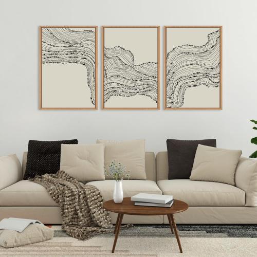 Size 16x24x3 Neutral Abstract Framed Canvas Wall Art Set, Black Beige Wave Line Wall Decor, Large Minimalist Painting, Modern Geometric Art Print for Living Room, Bedroom, Dinning Room, Office - 16x24x3