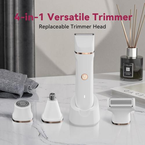 4-in-1 Electric Bikini Trimmer for Women - Painless Electric Razors for Facial/Body/Armpit/Pubic Hair, IPX7 Waterproof Replaceable Shaver Head & Nose Hair Trimmer for Travel, Gifts for Girlfriend Wife