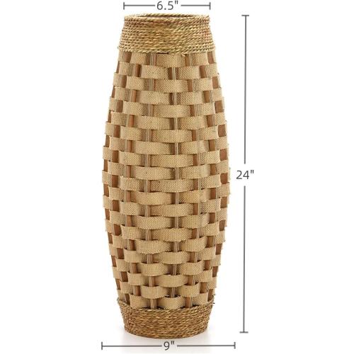 Hosley 24” Tall Woven Floor Vase – Natural Wood & Grass Decorative Vase for Home Décor, Floral Arrangements, Entryway, Living Room