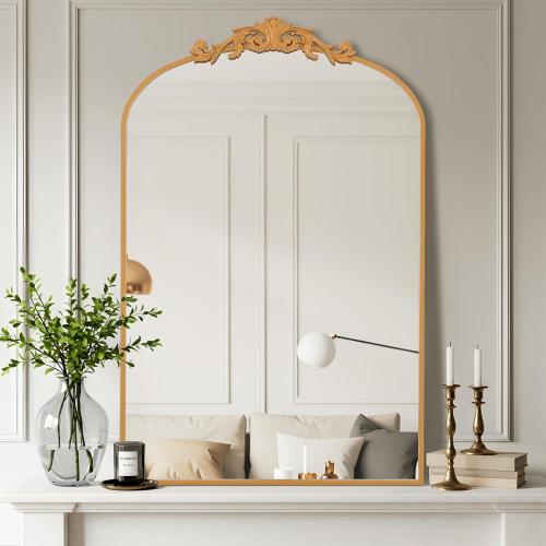 Filigree Arched Wall Mirror 26x38 Retro Wall-Mounted Mirror with Vintage Ornate Carved Applique Hanging Leaning Antique Home Decor Mirror for Fireplace Living Room Entryway Hallway Bathroom, Gold