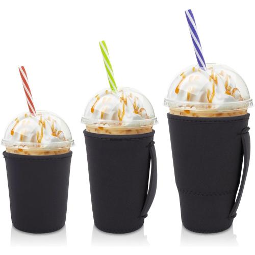 Iced Coffee Sleeve Insulator Sleeves for Cold Drinks Beverages, 3 Pack Reusable Neoprene Cup Sleeve with Handle for 16-32oz Coffee cups（Black）