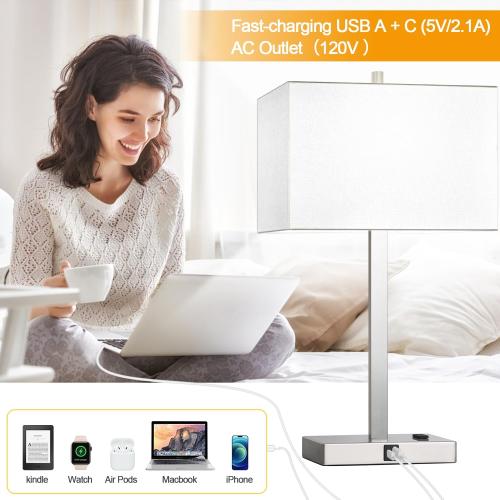 21 Set of 2 Touch Control Table Lamps with 2 USB & AC Outlets, 3-Way Dimmable Modern Nightstand Lamps for Bedroom Living Room Office Reading, White Shade Bedside Lamps, 5000K LED Bulbs Included.