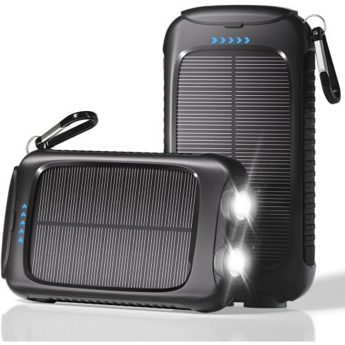Portable Charger Solar Power Bank 8000mAh with USB-A and USB-C 5V/3A Output Port Black Battery Pack Compatible with iPhone, Samsung, Waterproof Emergency LED Flashlights Perfect for Camping, Hiking