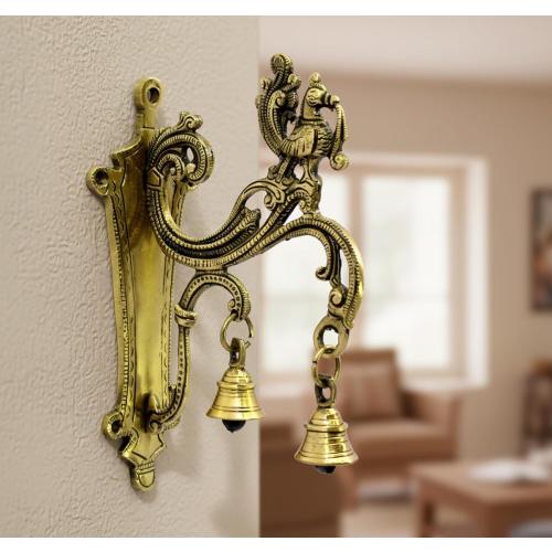 eSplanade Brass Wall Bracket Wall Hanger for Hanging Diya Lamp | Wall Decor | Peacock with Bells - 8.5 Inches