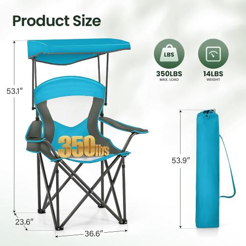 HIGH POINT SPORTS Canopy Camping Chairs with Shade Canopy Enamel Blue | Heavy Duty Canopy Lounge Chair, Sunshade Outdoor Lawn Chair, with Cup Holder for Outdoor, Camping, Beach and Patio