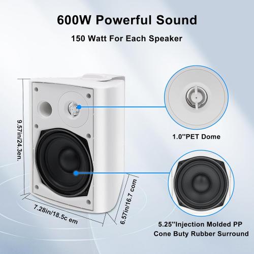 STUDIOFINIX 5.25 Inches Outdoor Bluetooth Speakers Waterproof 600 Watts Perfect for Indoor- Outdoor Patio Porch Wall Mount System (4 Speakers,White)