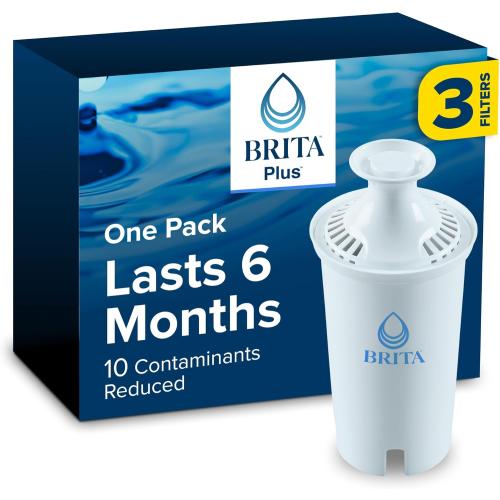 Brita Plus Water Filter, BPA-Free, High-Density Replacement Filter for Pitchers and Dispensers, Reduces 2x Contaminants*, Lasts Two Months or 40 Gallons, Includes 3 Filters