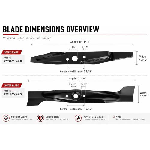 KBZ 72511-VK6-000 and 72531-VK6-010 Lawn Mower Blades Compatiable with Honda HRC216K2 HXA, HRC216K2 PDA, HRC216K3 HXA, HRC216K3 PDA3 Mulching Blade Set