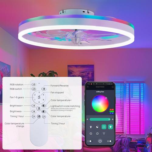 Size 20 Color White RGB Ceiling Fans with Lights, 20 Fandelier Low Profile Ceiling Fan with Light, Modern Flush Mount Ceiling Fan Light with Remote/APP Control, Bedroom Chandelier Fan Fixture for Indoor(White)
