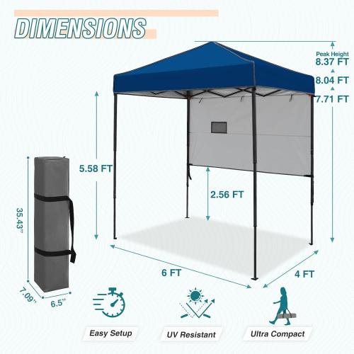 Color Blue EAGLE PEAK Instant Pop Up Canopy with Adjustable Sun Wall , Straight Lightweight Compact Portable Tent with Carry Bag, Dark Blue