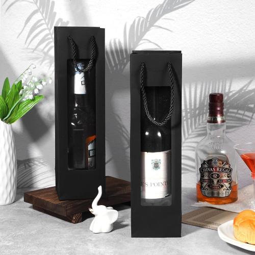 mekueeex 36 Pcs Single Wine Bottle Gift Bag, Clear Window Wine Bags for Wedding Reusable Flower Boxes Bulk with Handles for Holiday Birthday(Black)