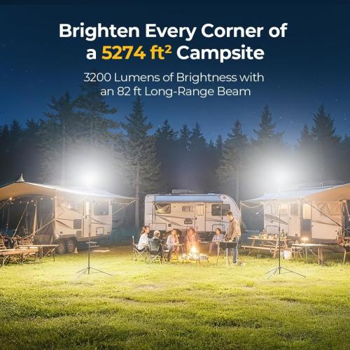 BougeRV Telescoping Camping Light, 3200 Lumen Outdoor Lantern, 8000mAh LED Lantern, 7.55 ft Tall, 90-Hour Runtime, Rechargeable Tent Lamp for Camping, Emergency, Hiking, Outdoor, Fast Charging Version