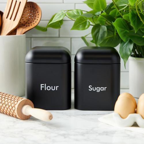 Juvale Flour & Sugar Storage Containers - Set of 2 40 oz (4.5 x 6 in) Black Iron - Airtight Silicone Gasket Seal - Flour Canister & Sugar Container