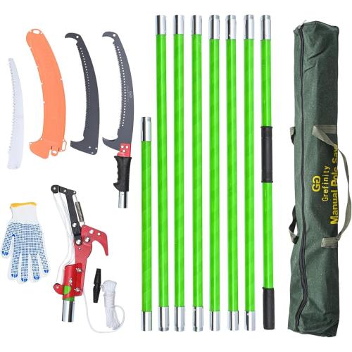 27FT Manual Pole Saw, Tree Branch Trimmer with 8-Section Fiberglass Handle, Sharp Steel Blade and Scissors, Lightweight Extendable Design for High Branch Trimming, Ideal for Palms and Shrubs