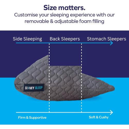 Sidney Sleep Bed Pillow for Side and Back Sleepers - Adjustable Filling - Memory Foam Pillow for Neck and Shoulder Pain - Customizable Loft - Queen Size - Additional Foam Bag Included (Grey)