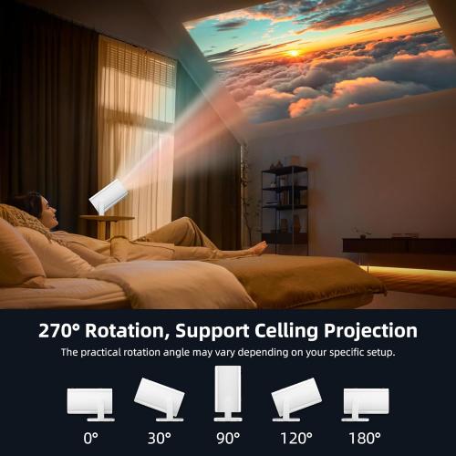 Mini Projector, Portable Projector 4K & Full HD 1080P Support, 270° Rotation Outdoor Projector, Movie Projector Compatible with Smartphone, TV Stick, Laptop, PS4, HDMI, USB (No WiFi or Bluetooth)