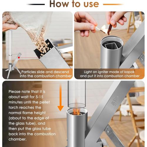 Outdoor Pellet Heater, Pellet Patio Heater, Outdoor Fire Pit with Safety Ash Box, Glass Tube(1m) Fireplace with Tripod, Add Space Light and Ambience for Patio and Backyard
