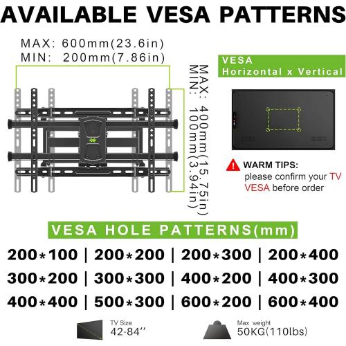 USX MOUNT UL Listed TV Wall Mount for 42-84 TVs up to 110lbs and 8-24 Wood Studs, TV Mount with Tilt, Swivel & Extension, Wall Mounts Bracket with Dual Articulating Arms, Max VESA 600x400mm