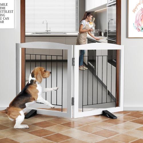 ZJSF Freestanding Dog Fence Indoor, Foldable Dog Gate for Doorways, Stairs or Hallways, Sturdy Wood Extra Wide Pet Gate with Support Feet for The House, White, 24 Height-2 Panels