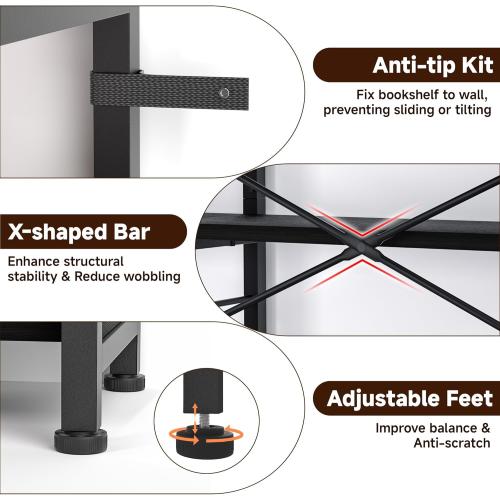 7-Tier Corner Bookshelf, Reversible Wooden Shelves, Industrial Bookcase with Open Shelves and Sturdy Metal Frame, Display Shelf Storage Rack for Living Room, Bedroom, Home Office (Rustic Brown)