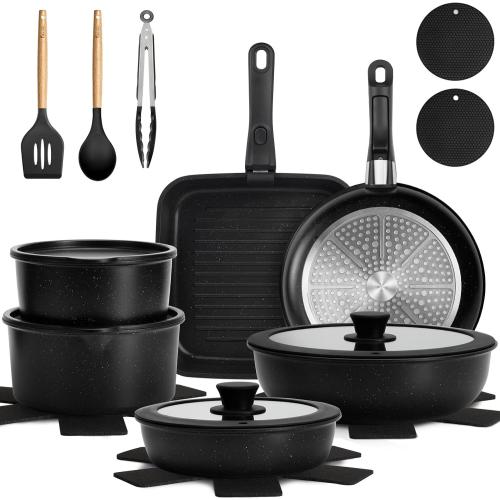 KIKCOIN 22 Pcs Pots and Pans Set Non Stick, Detachable Handle Cookware Sets Nonstick, RV Kitchen Cooking Set with Removable Handles, Frying Pans - Induction/Dishwasher/Oven Safe (Black)