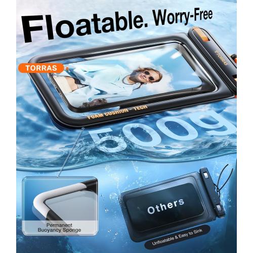 7 Black TORRAS IP68 Waterproof Phone Pouch Double Space, Floating Waterproof Phone Case with Lanyard for iPhone 16 Pro Max 15 14 13 S25 S24, Phone Dry Bag Vacation Cruise Ship Travel Essentials 7.0'', Black