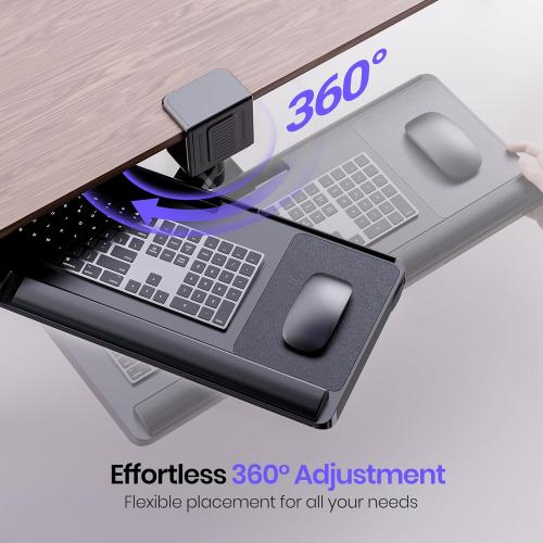 Klearlook Upgraded Adjustable Keyboard Tray for Above Desk & Under Desk Use - Ergonomic Sit-Stand Keyboard Riser with 360° Rotation, 24.4×10 Keyboard Stand with Wrist Rest & Storage Drawer - Black