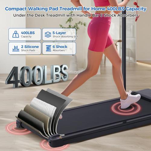 Walking Pad Treadmill with Handle Bar, Compact Portable Treadmills for Home Small, Electric Walking Pads with Handles, 3.5HP Quiet Motor and LED Display, 400 LBS Capacity