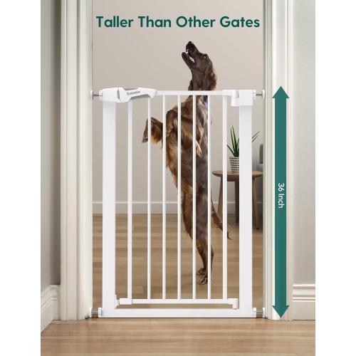 BABELIO 36 Tall Narrow Baby Gate, 26-28.5 Wide Auto-Close Metal Pet Gate for Small Stairs/Doorways/Hallways, Pressure/Hardware Mounted for Child and Pets, NO Extensions, White