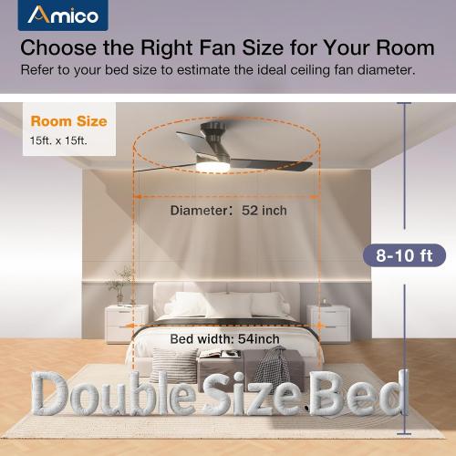 Amico Ceiling Fans with Lights, Low Profile Ceiling fan with Light and Remote Control, Flush Mount, Reversible, 3CCT, Dimmable, Noiseless, Black Ceiling Fan for Bedroom, Indoor/Outdoor Use