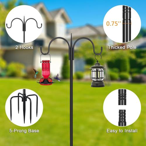 FEED GARDEN Adjustable Double Shepherds Hook for Outdoor with 5 Prong Base 76 Inch Heavy Duty Two Sided Bird Feeder Pole for Hanging Plant Baskets, Solar Light Lanterns, Wind Chimes 2 Pack - little damage