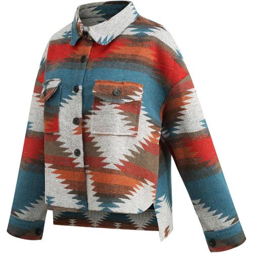 Size Medium Color Multi Women's Vintage Aztec Print Pattern Loose Shacket Button Down Long Sleeve Woolen Jacket Shirts Coat
