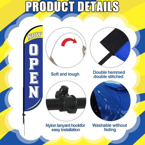 Preboun 2 Sets 12 ft Now Open Feather Flags Pole Kit for Business Advertising Feather Sign with Poles and Ground Spikes Open Flags Banner for Store Outside Signs (Blue)