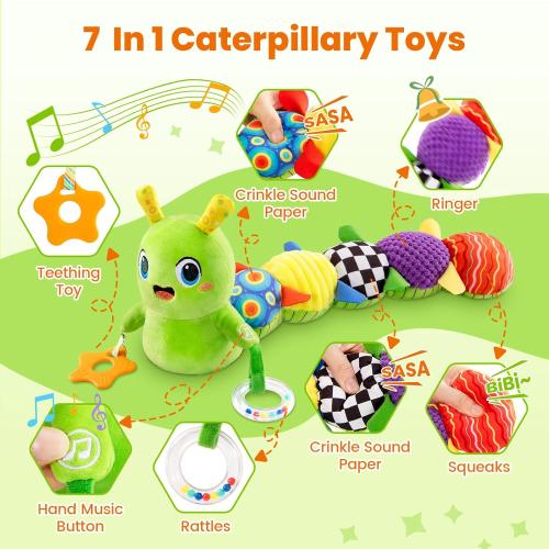 Baby Toys 0-6 Months, Washable Baby Musical Caterpillar Toys with 10 Children's Songs,Rattles,Teething Toys,Suitable for 0-6, 6-12 Months Infant Tummy Time Toy,Newborn Baby Boy&Gril Toy(Green)