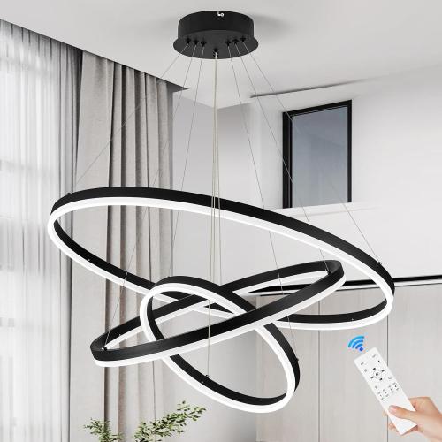 D31.5 3 Rings Modern LED Chandelier Black Dimmable LED Pendant Light with Remote Control Circular Flush Mount High Ceiling Light for Dining Room Living Room Bedroom Foyer(3000K-6500K, H71)