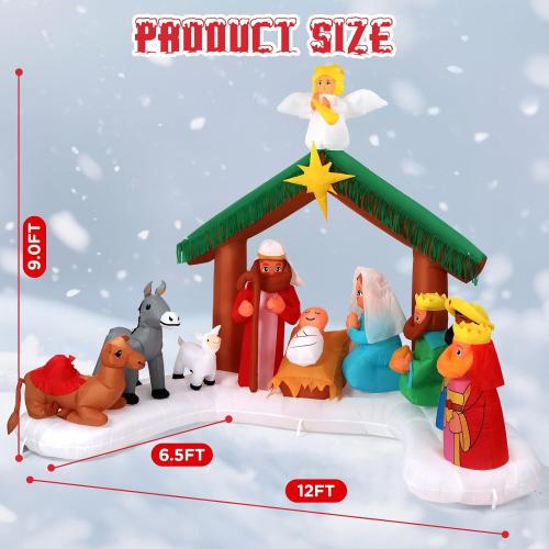 12FT Christmas Inflatable Nativity Scene: Large Outdoor Christmas Decorations, Built-in 15 LED Lights, Blow Up Jesus Nativity Set Decor, Inflatables for Party Lawn Garden Yard (12FT X 6.5FT X 9FT)