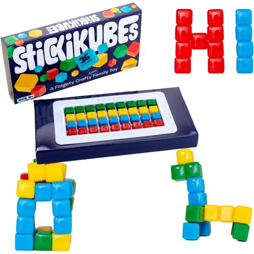 KOMARC GAMES StickiKubes, Mini Stacking Cubes That Stick to Anything, Non Toxic Kid Safe Sticky Blocks, Creative Construction Toy - 36 Cubes, 4 Colors, Display Easel