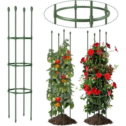 Round Heavy Duty Tomato Cage - 55 Inch Steel Core Plastic Coated Garden Trellis, 4-Post Rustproof Plant Support for Tomato/Cucumber/Beans, No Tools Snap Assembly, Spare Parts Available