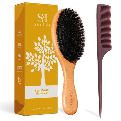 Boar Bristle Hair Brush, 100% Soft Bristle Brush for Fine Thin Hair